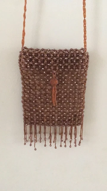 Bijoux Terner Beaded design Crossbody Bag Zipper brown tan women tassel small