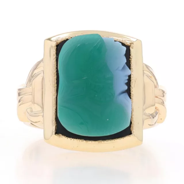 Yellow Gold Banded Agate Vintage Men's Ring - 10k Cameo Ancient Warrior Milgrain