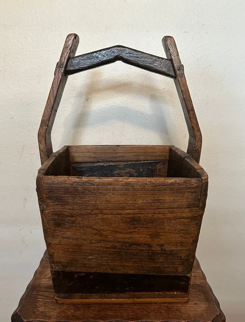 Large Antique Primitive Chinese Wooden Grain RICE BASKET Bucket, 22.5"