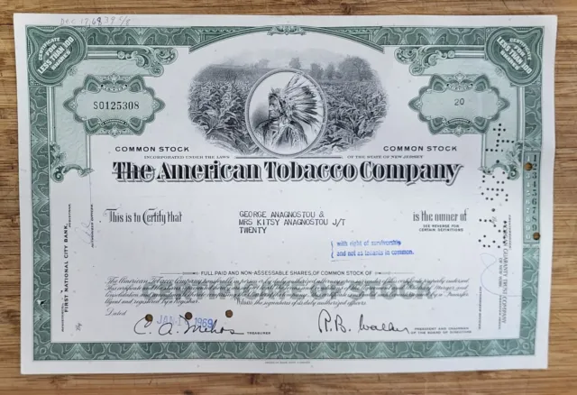 Stock Certificate The American Tobacco Company Grey less Than 100 Indian
