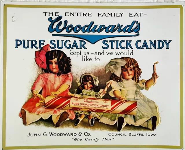 Woodward Pure Sugar Stick Candy Advertising Tin Poster~Dolls~”The Candy Men”