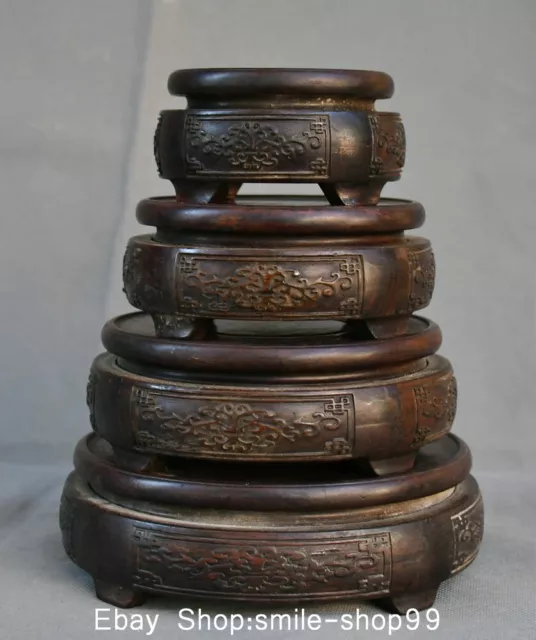 7.8" Rare Old Chinese Huanghuali Wood Dynasty Palace 4 Circular Table Statue Set