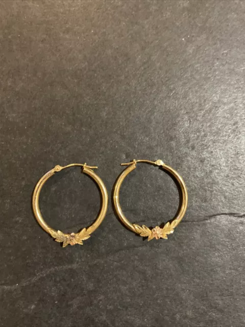 10k Yellow Rose Gold Rose Flower Leaf Hoop Pierced Earrings Signed OR