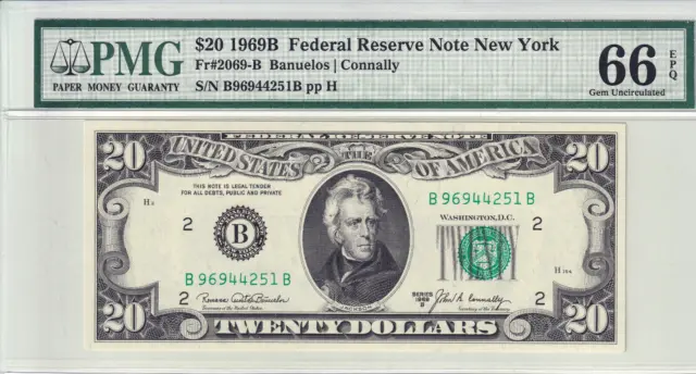1969-B $20 Federal Reserve Note New York BB Block PMG Gem Unc 66EPQ #B96944251B