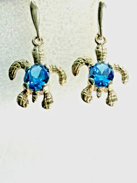 Vintage Sterling Silver 925 Blue Tourmaline Sea Turtle Dangle Earrings 1"