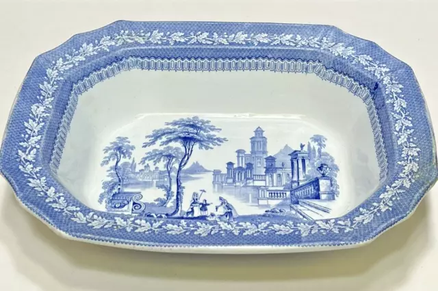 Antique Light Blue Staffordshire Transferware Deep Serving Bowl Dish Rectangular