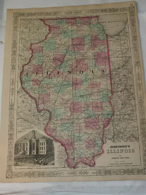 1863 JOHNSON'S ILLINOIS Hand Colored by Johnson and Ward  14" x 18"