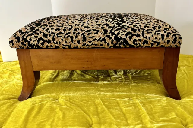 Vintage WOOD FOOTSTOOL ￼Leopard Print Padded ￼Fabric Upholstery ~18W x 13D x 8H