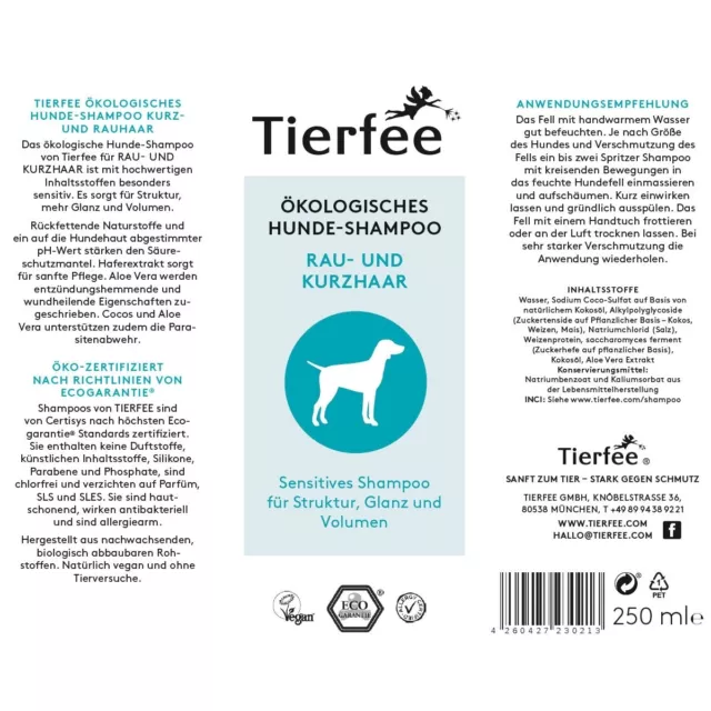 Tierfee Hunde-Shampoo per Rau- E Pelo Corto 250 ML - Vegan Öko-zertifiziert 2