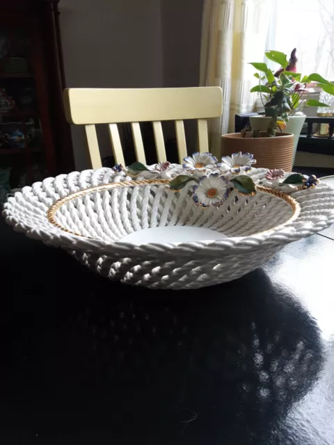 Large! vintage capodimonte  pottery flowers lattice bowl centerpiece 14" signed 2