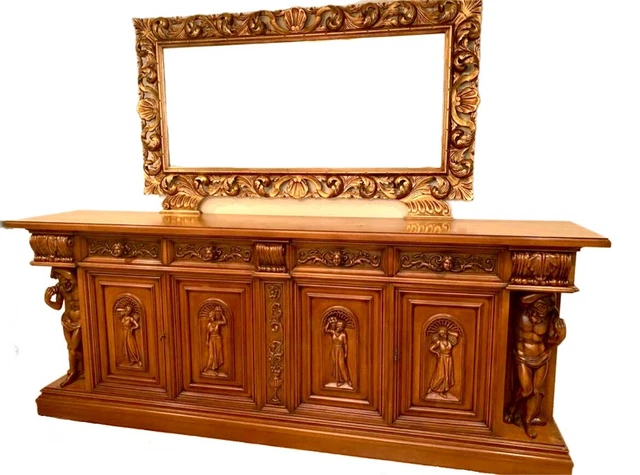Stunning Italian Hand Carved Buffet With Gold Leaf Mirror