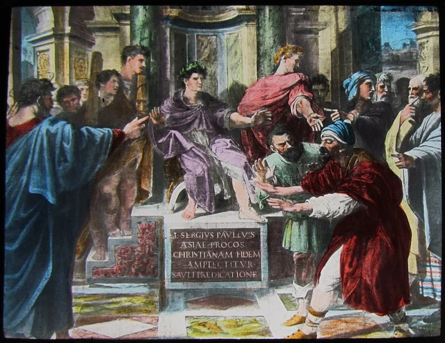 COLOUR Glass Magic Lantern Slide ELYMAS THE SORCERER C1900 RELIGIOUS STORY BIBLE