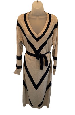Ted Baker Bertta Merino Wool Knitted Jumper Midi Dress Beige Navy Size 3 UK 12