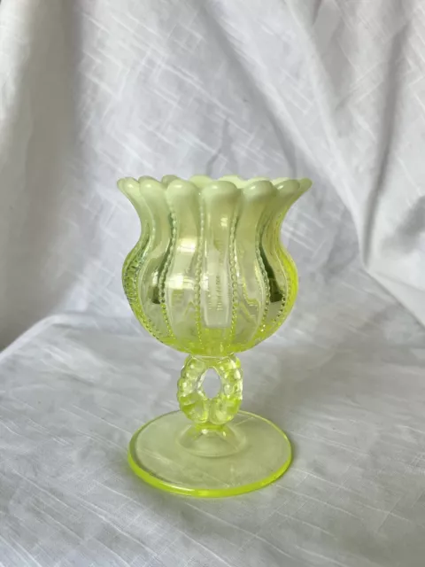 Vintage Northwood Opalescent Vaseline Uranium Beaded Glass Panel 5.25" Rose Bowl