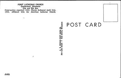 First Lutheran Church Cumberland Wisconsin Postcard 2