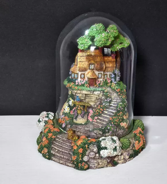 WISHING WELL COTTAGE Ornament Under Glass Dome, Hand Painted Limited Edition.