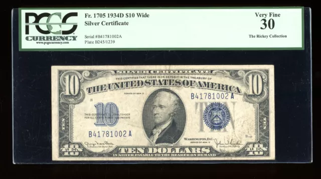 DBR 1934-D $10 Silver Wide Fr. 1705W PCGS 30 Serial B41781002A