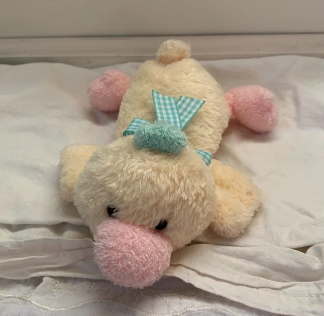 Soft Dreams Yellow DUCK Rattle 8" Plush Blue Gingham Bow Stuffed Baby Toy
