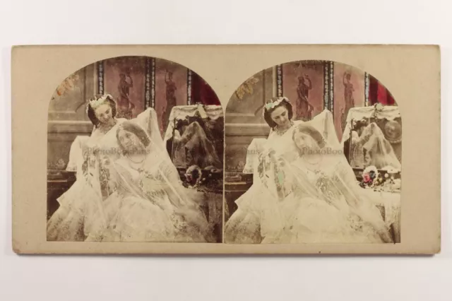 La Mariée Women Beauty c1860 Photo Colored to The Hand Stereo Vintage Albumin