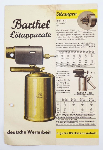 Barthel Soplete de Soldar Folleto Lötapparate Um 1935 Anuncio