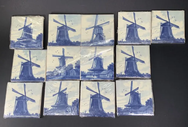 13 Vintage Delft 3" Blue Tiles Regina Mills Hand Painted Windmill Deadstock