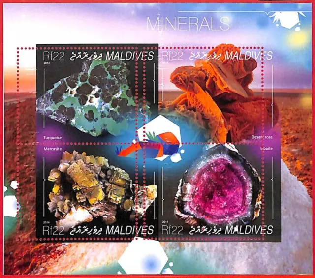 A4100 - MALDIVES - ERROR MISPERF. Miniature sheet: 2014, Minerals, Gems, Fossils