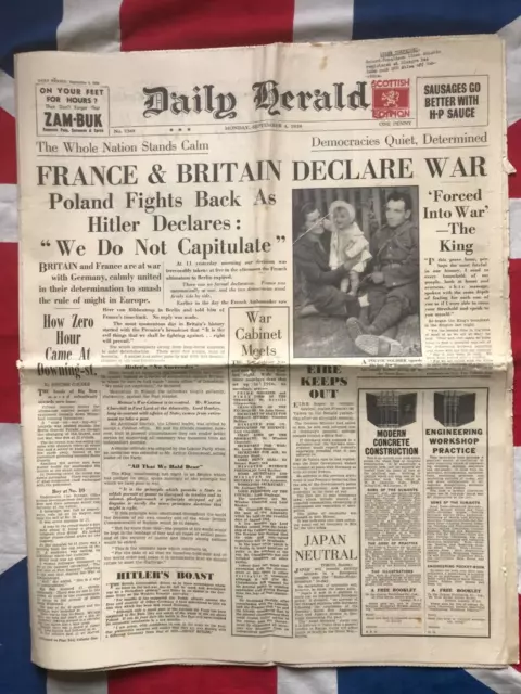 Original Newspaper September 4 1939 France and Britain Declare War on Germany