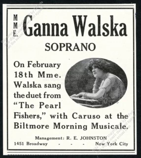 1918 Ganna Walska photo opera singing recital tour booking vintage print ad