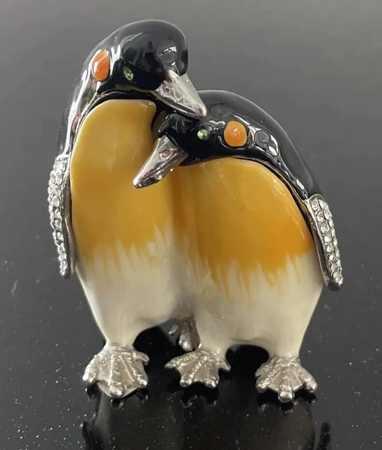 Bejeweled Penguin Love Hinged Metal Enemeled Rhinestone Trinket Box