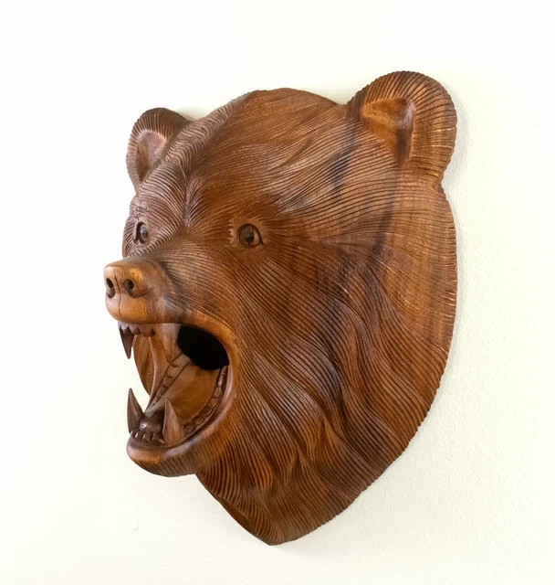 12& WOODEN HAND Carved Wall Bear Head Mask Hanging Figurine Sculpture