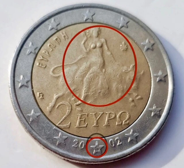 2 Euro Münze Stier Mit Frau 2002 GRIECHISCHE 2 EURO münze stier mit frau aus 2002 mit Fehlprägung EUR