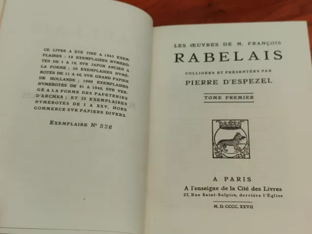 Les oeuvres de M. François Rabelais Rare exemplaire numéroté livre ancien EO 3