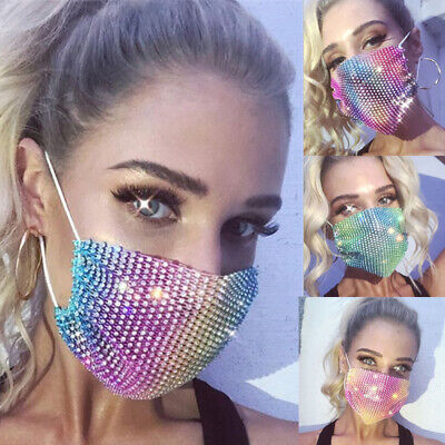 Rainbow Fashion Glitter Bling Rhinestone Face Nose Mask Washable Reusable Cover