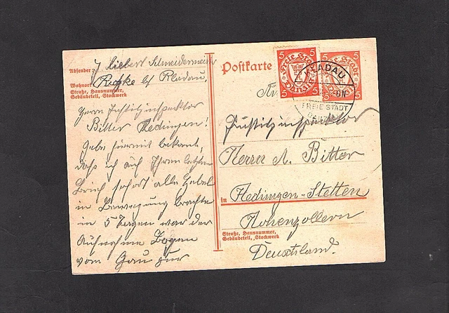 Danzig, Ganzsache Mi.-Nr. P41 aus Kladau gelaufen