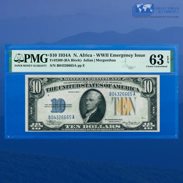Fr.2309 1934A $10 Silver Certificate Yellow Seal North Africa, PMG 63 EPQ #26665