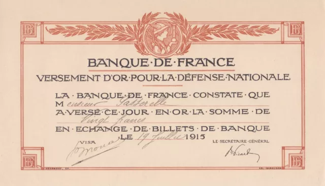 Billets Banque de France Versement d' OR pour la Défense nationale 1915