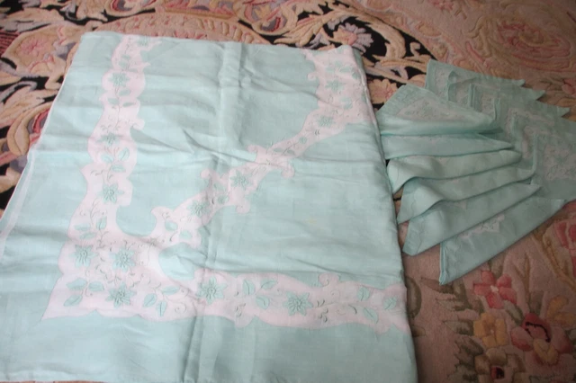 Vtg. Madiera Mint Green 66" X 106" Tablecloth 12 Napkins Orgndy Applique Vtg. Madiera Mint Green 66" X 106" Tablecloth 12 Napkins Orgndy Applique