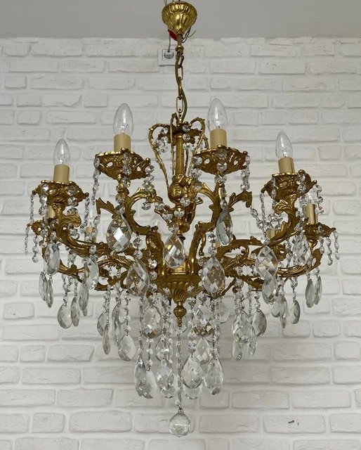 Antik Vintage 10 Arme Gussmessing & Kristalle Cherub Kronleuchter Beleuchtung Lampe
