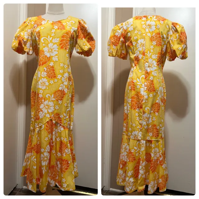 Vintage Hilo Hattie Yellow Floral Tropical Hawaiian Maxi Dress Size 8