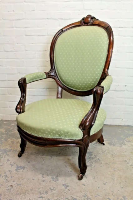 Antique Style Mahogany & Upholstered Salon Chair Open Armchair (Can Deliver)