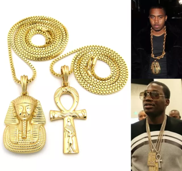 Mens New Hip Hop Gold Ankh Cross & King Tut Pendant Box Chain Necklaces Set