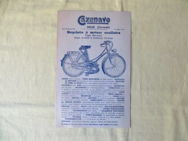 Bicyclette à moteur auxiliaire CAZENAVE à Belin en Gironde - Publicité - 1951