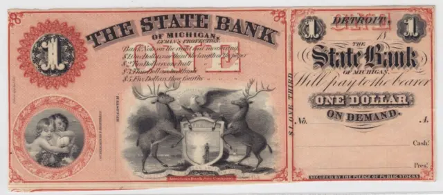 1800s The State Bank of Michigan in Detroit, MI $1 Obsolete Note