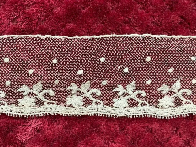 Antique French Needle Lace Edging - Floral and Plumetis design 98cm by 4.5cm
