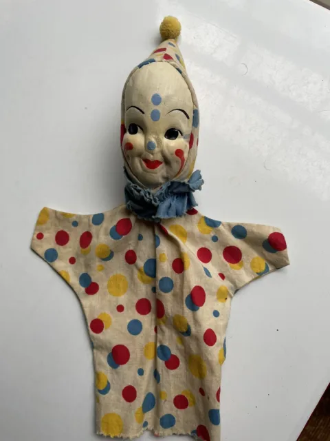 Vintage Hand Made 12" Fabric Clown Hand Puppet Primitive Mid-Century