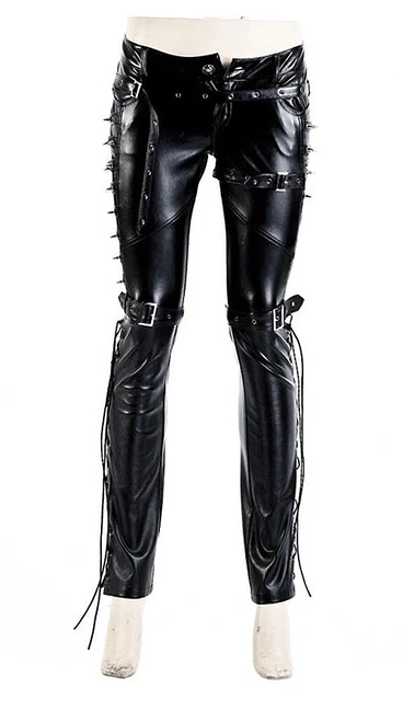 Pantalon noir cuir synthétique avec sanges et laçages Punk Rave K-131
