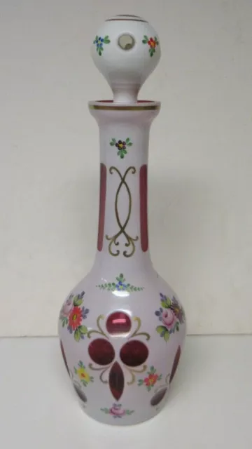 Czech Bohemian Decanter w/ Stopper Cased White Glass Cut to Cranberry Ruby 15"