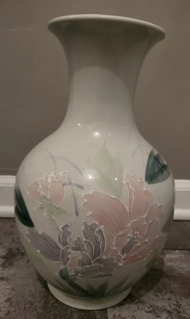 VTG Otagiri Japan Iris Floral Pastel Hand Painted Porcelain Vase  Textured 12"