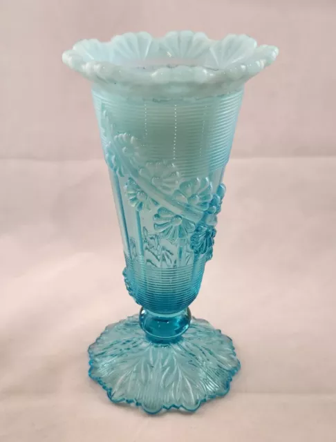 Antique Northwood Blue Opalescent Fluted Scrolls With Vine Footed Novelty Vase