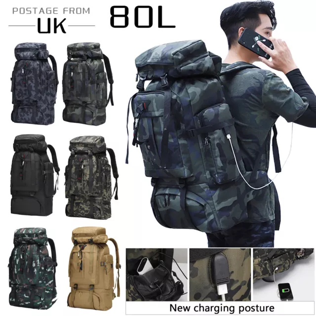 80L Hiking Military Tactical Backpack Rucksack Camping Outdoor Travel USB Bag